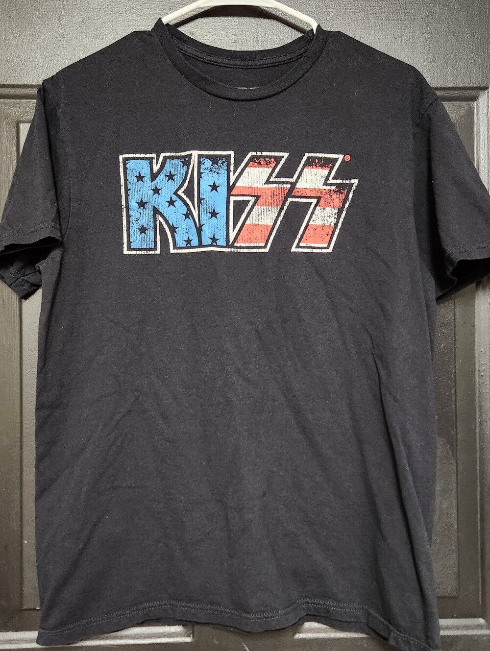 KISS Band T-Shirt Mens Medium M Black USA Flag Logo Graphic Rock Tee 100% Cotton